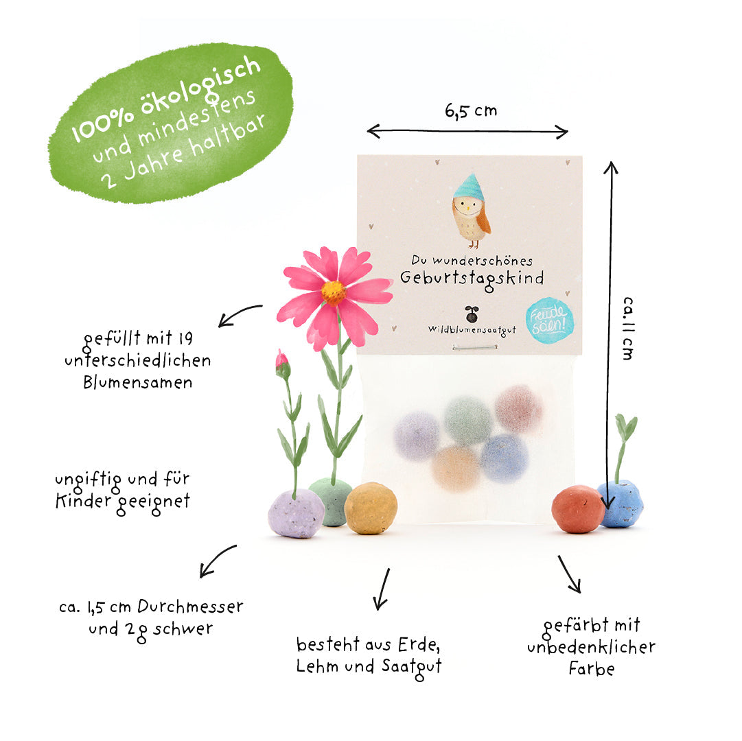 5 Blumenmurmeln im Tütchen "Du wunderschönes Geburtstagskind"
