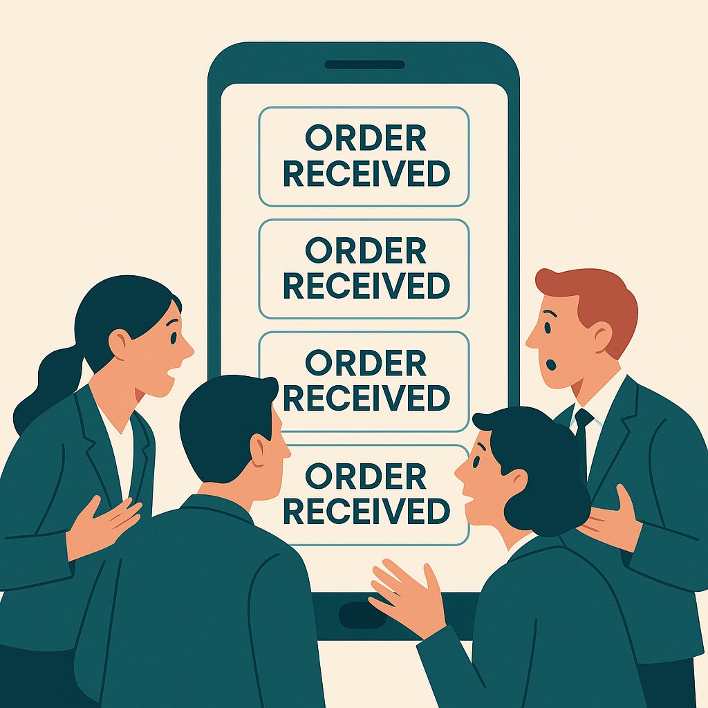 A business team focused on a smartphone displaying a surge of e-commerce order notifications