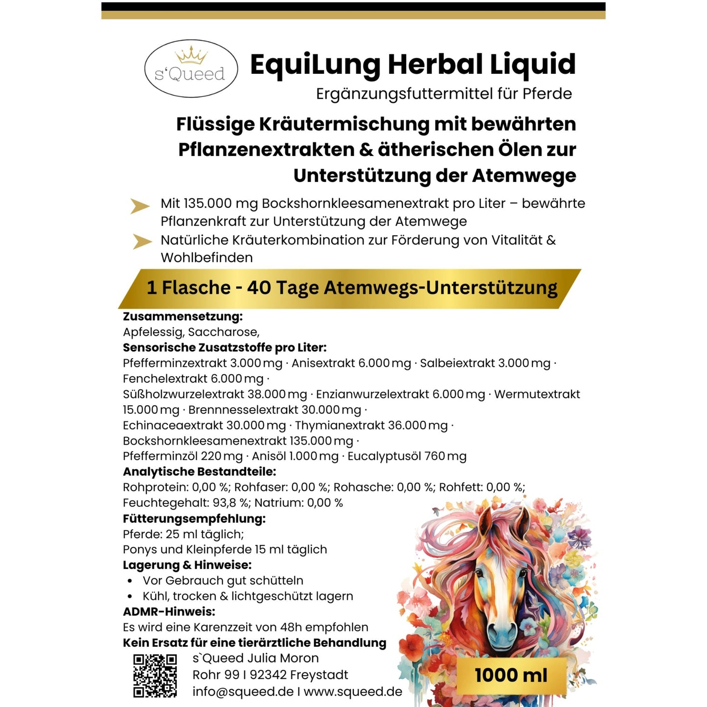 EquiLung Herbal Liquid – flüssiges Ergänzungsfuttermittel zur Unterstützung der Atemwege bei Pferden