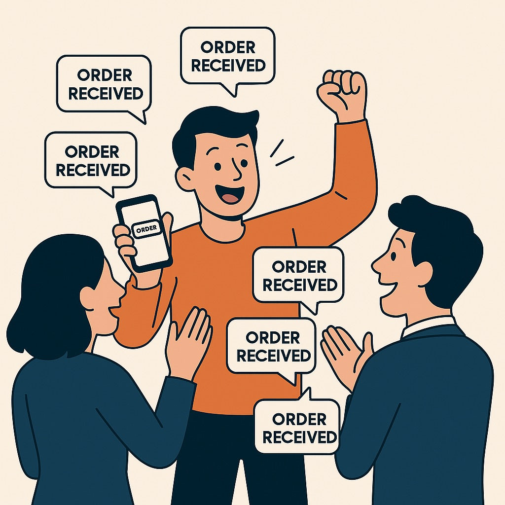 A small business team celebrating a surge in online orders, representing the power of digital marketing and a thriving online store.