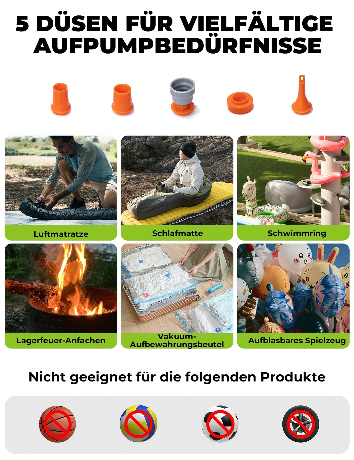 Qunature Mini Elektrische Luftpumpe, Tragbare Ultraleichte 45g Pump mit USB Schnellladung 5 Luftdüse