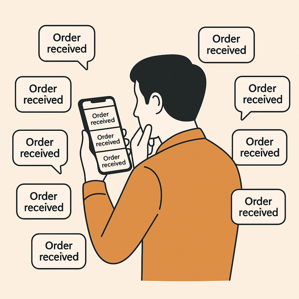Entrepreneur overwhelmed by continuous incoming orders, representing high-performing marketing systems and automated sales.