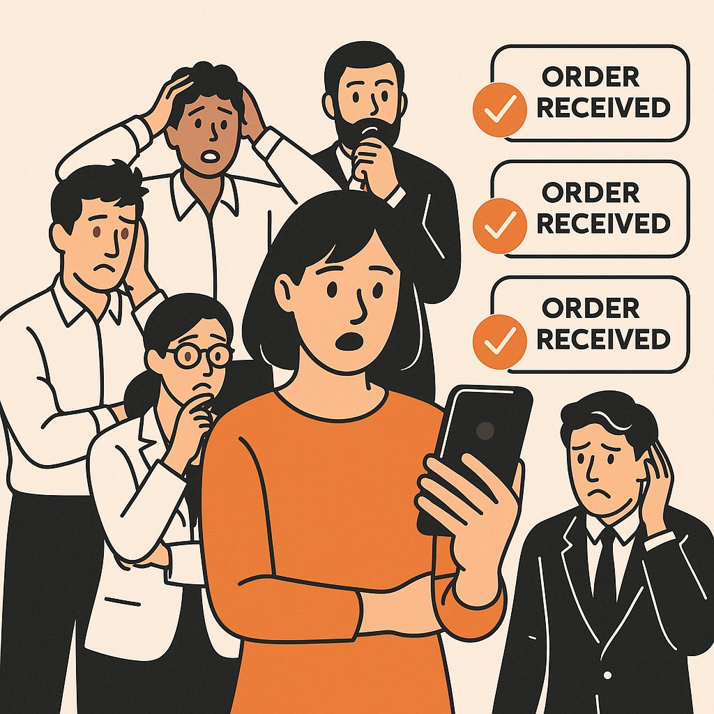 A group of employees gathered in an office receiving too many orders, representing booming online business