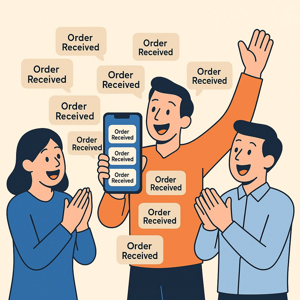 A business owner and two coworkers facing the viewer while showing a phone with multiple ‘Order Received’ notifications, illustrating booming online sales and business growth