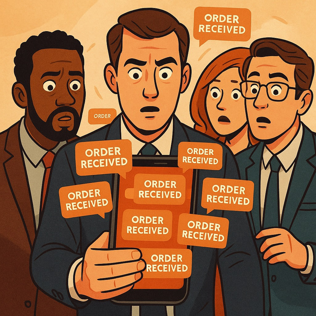 A business owner proudly showing their phone to coworkers as order notifications flood the screen