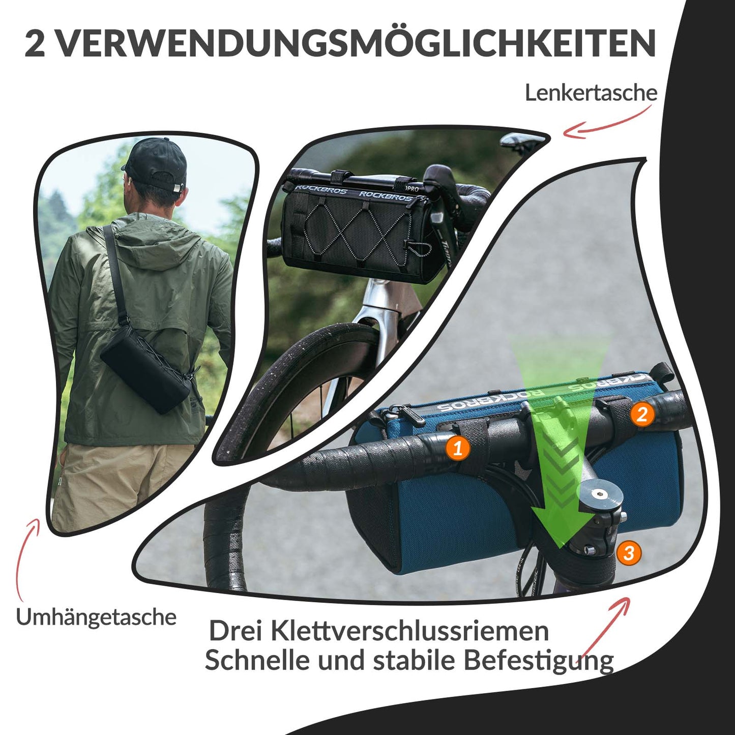 ROCKBROS Lenkertasche Multifunktionale Fahrradlenkertasche mit Schultergurt 1,5L