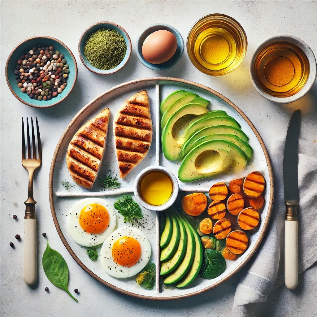 Optimal meal containing healthy fats, protein, fiber, and carbs.