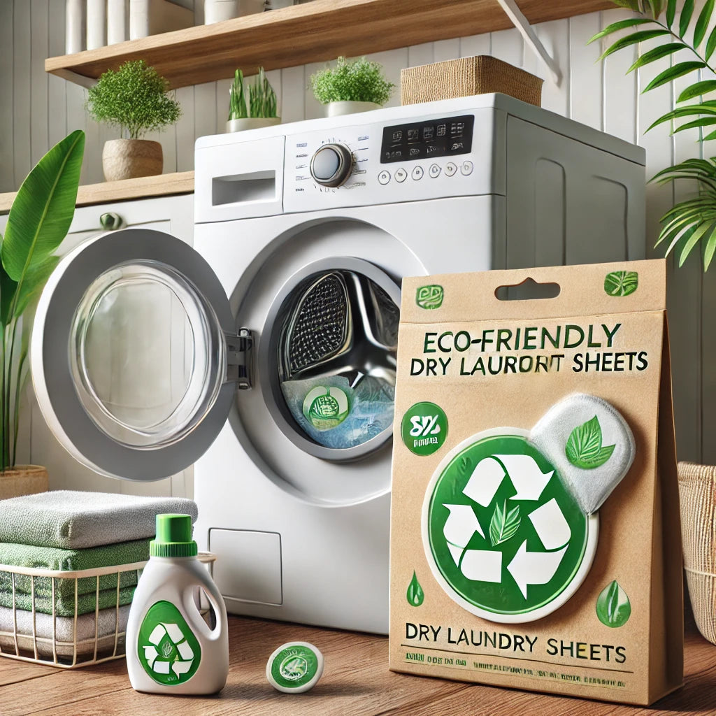 eco-friendly dry laundry detergent sheets alongside a washing machine. The small, biodegradable detergent sheets are placed in front 