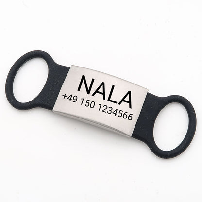 Klapperfreie Hundemarke Silikonslider mit Edelstahl-Schild für Halsbänder inkl. GRATIS Gravur