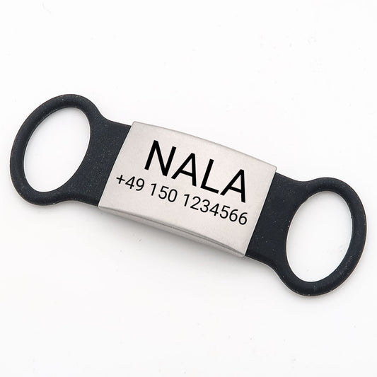 Klapperfreie Hundemarke Silikonslider mit Edelstahl-Schild für Halsbänder inkl. GRATIS Gravur