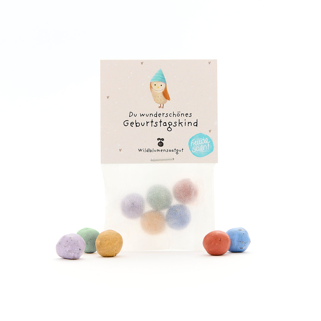 5 Blumenmurmeln im Tütchen "Du wunderschönes Geburtstagskind"