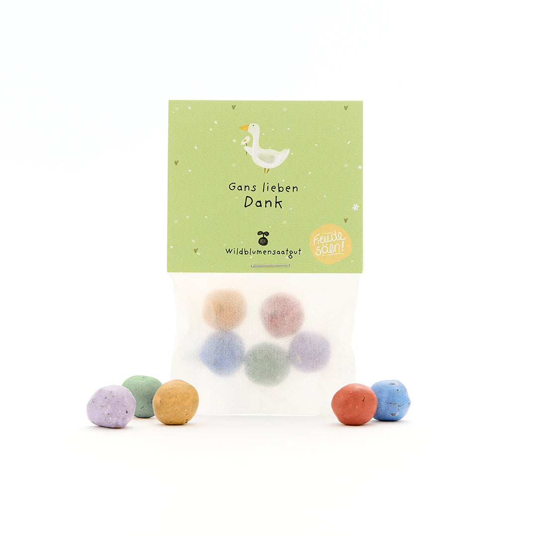 5 Blumenmurmeln im Tütchen "Gans lieben Dank"