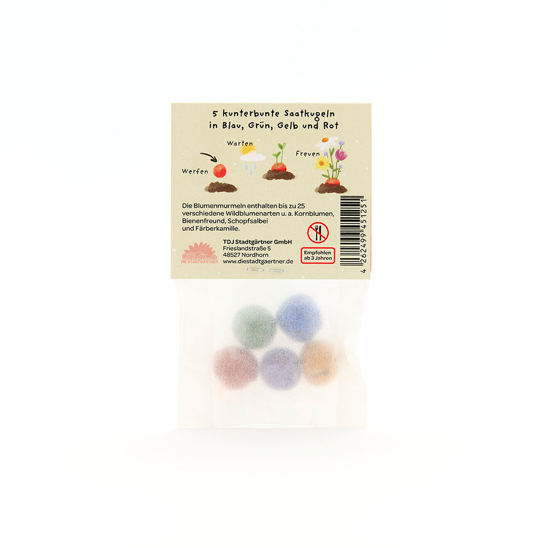 5 Blumenmurmeln im Tütchen "Viel Erfolg"
