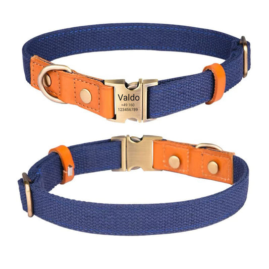 Hundehalsband "Valdo" mit Gravur – robustes PE-Gewebe & Leder – Messing matt – Marineblau, Hellblau oder Grün (S–L)
