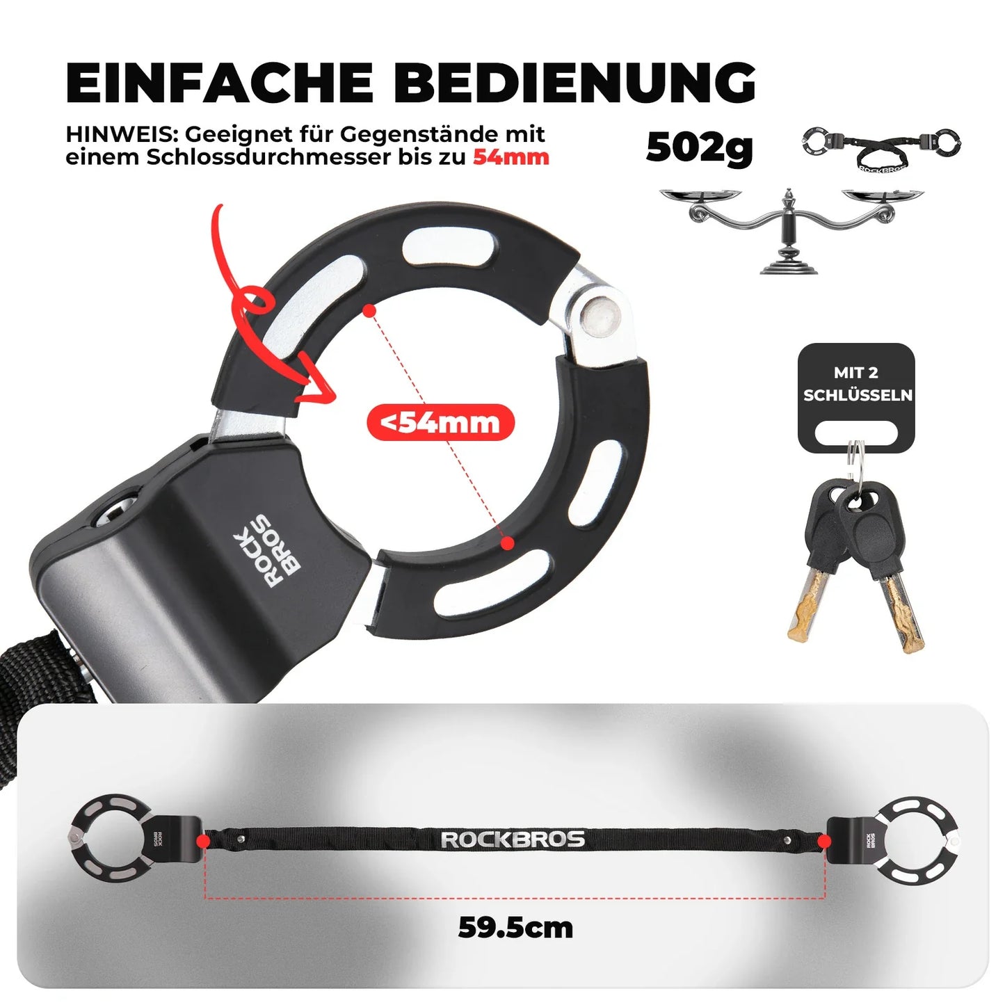 E-Scooter Schloss mit 59,5 cm Stahlkette, Fahrradschloss für Roller & Fahrrad