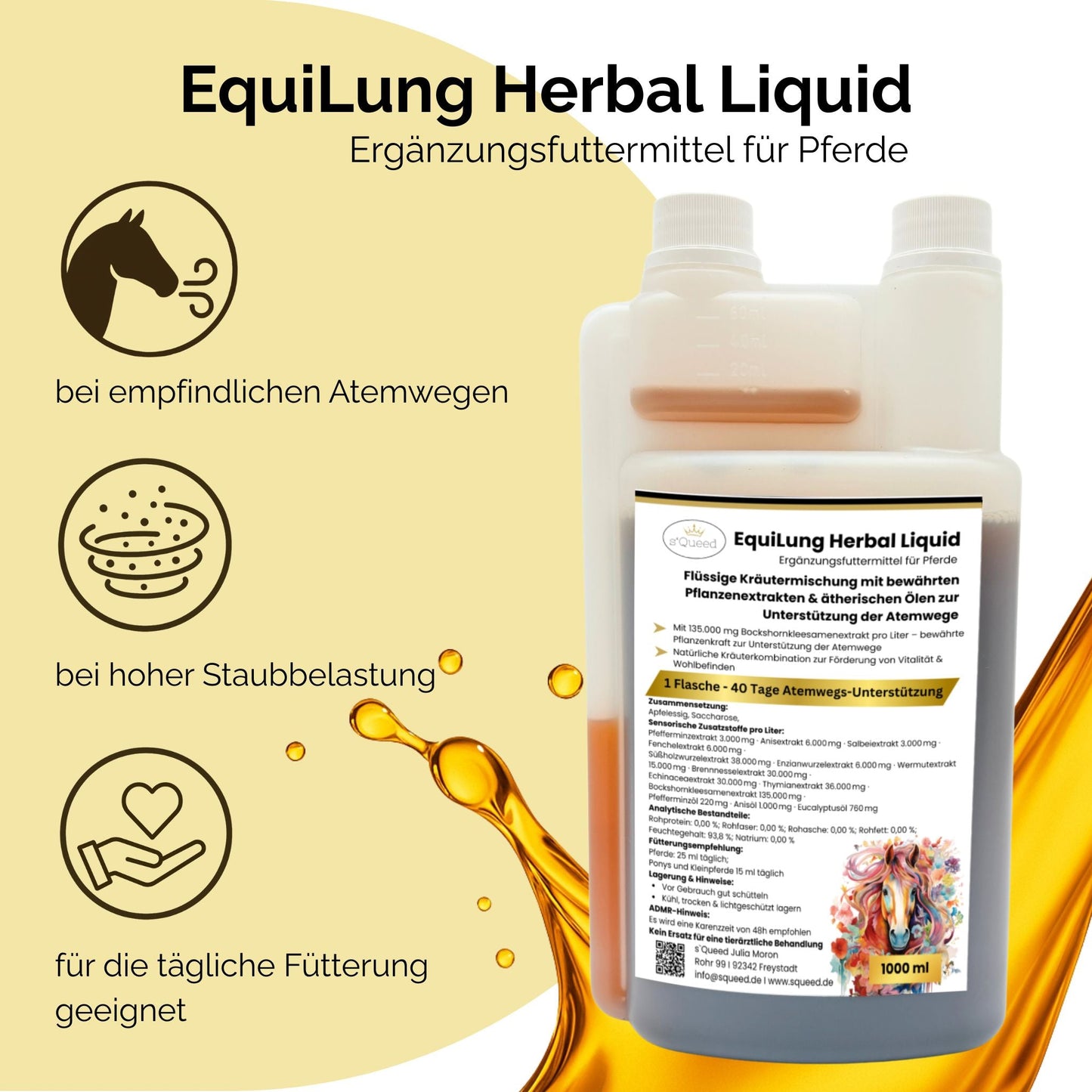 EquiLung Herbal Liquid – flüssiges Ergänzungsfuttermittel zur Unterstützung der Atemwege bei Pferden