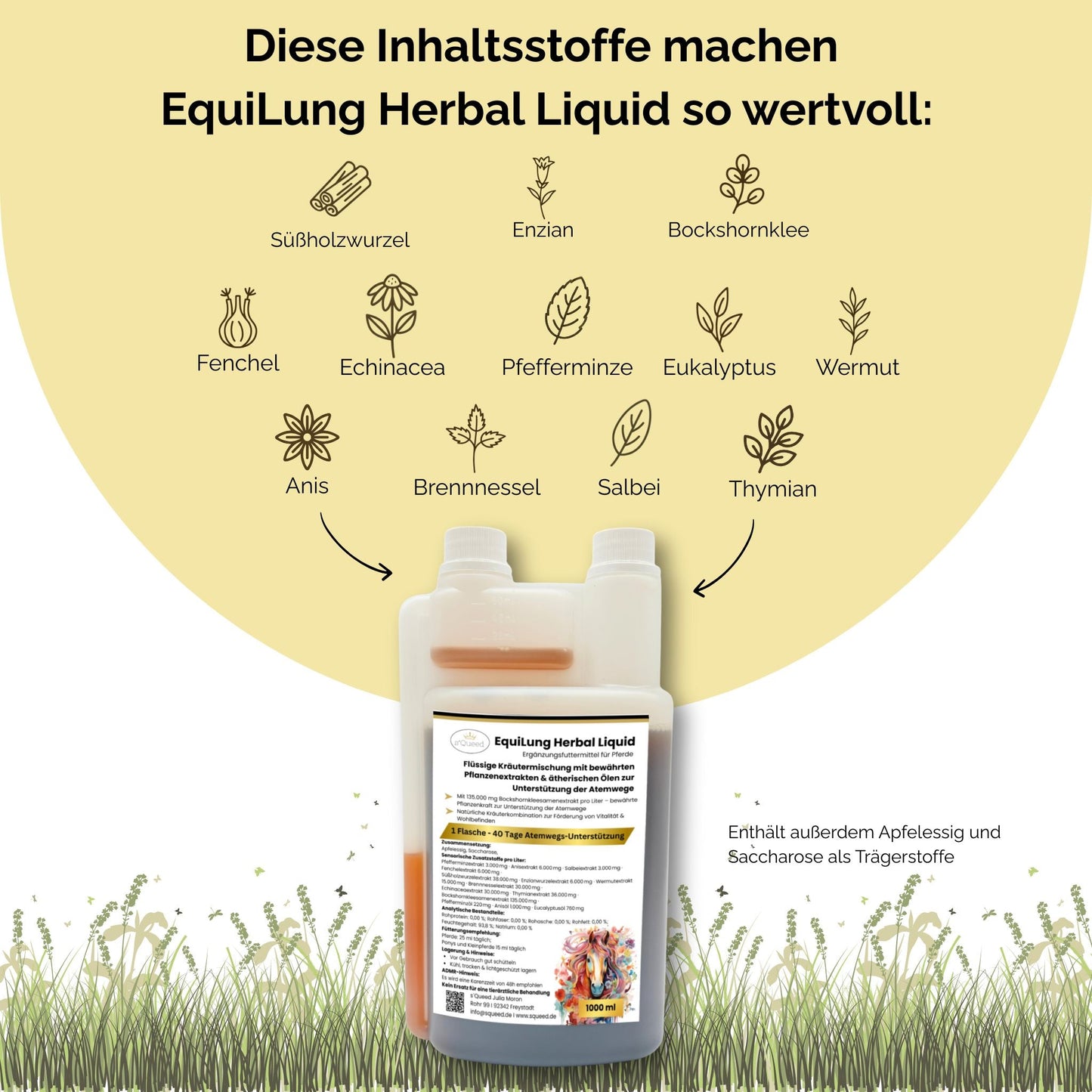 EquiLung Herbal Liquid – flüssiges Ergänzungsfuttermittel zur Unterstützung der Atemwege bei Pferden