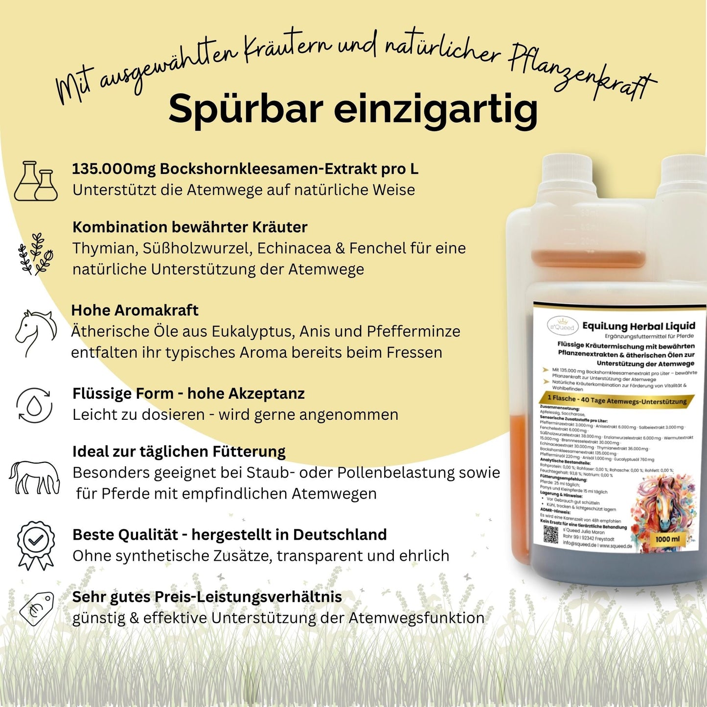 EquiLung Herbal Liquid – flüssiges Ergänzungsfuttermittel zur Unterstützung der Atemwege bei Pferden