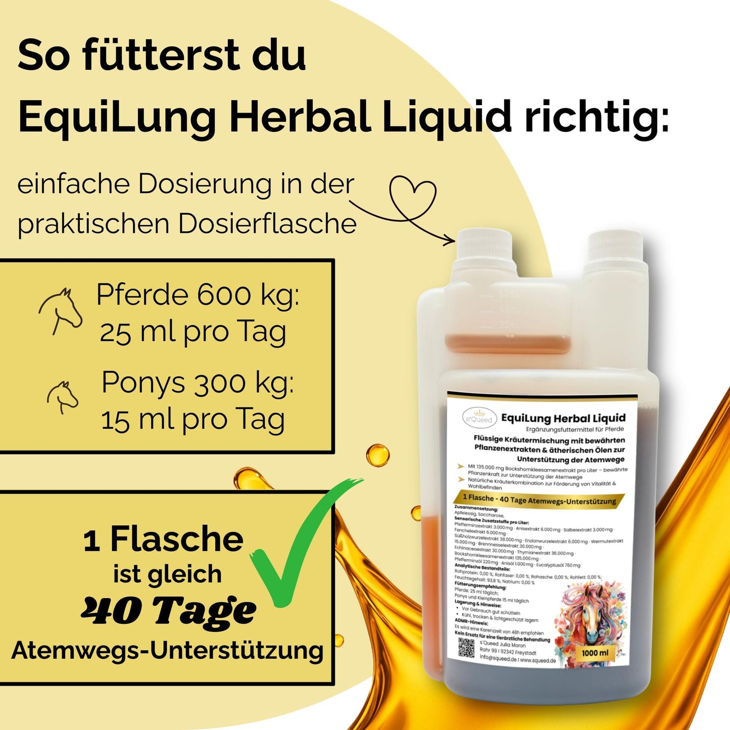 EquiLung Herbal Liquid – flüssiges Ergänzungsfuttermittel zur Unterstützung der Atemwege bei Pferden