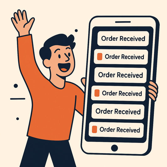 A cheerful business owner holding a smartphone filled with incoming order notifications, symbolizing strong online marketing results and e-commerce growth