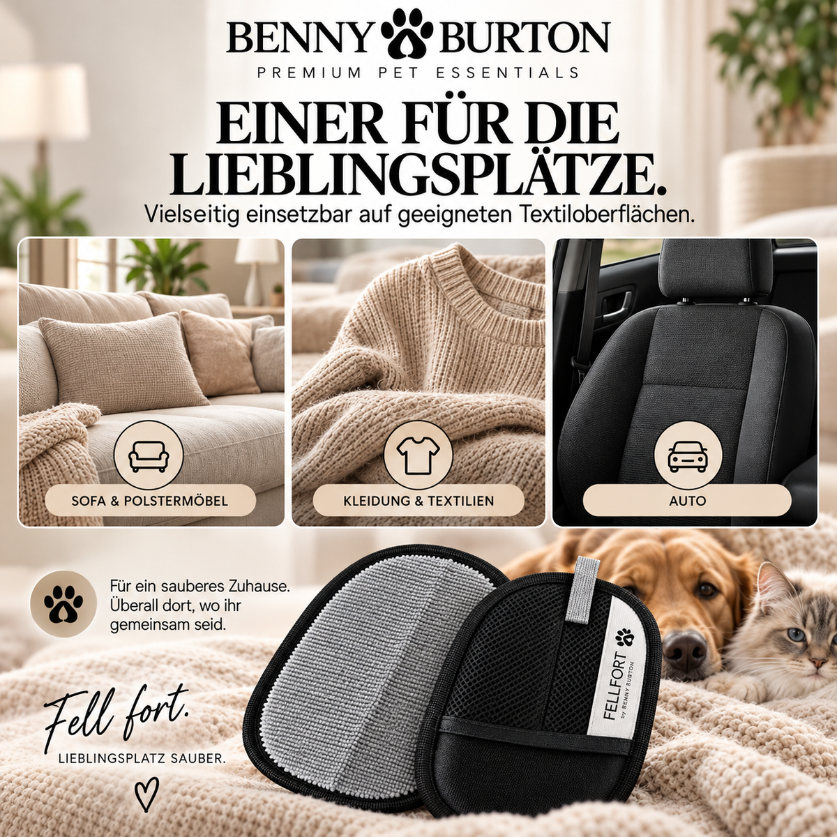 FELLFORT Tierhaarentferner Premium Version Hunde Katzen Sofa Kleidung Auto wiederverwendbar