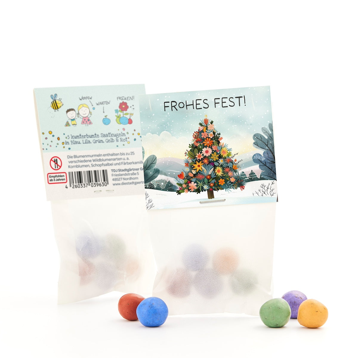 10x5 Blumenmurmeln im Tütchen "Frohes Fest"