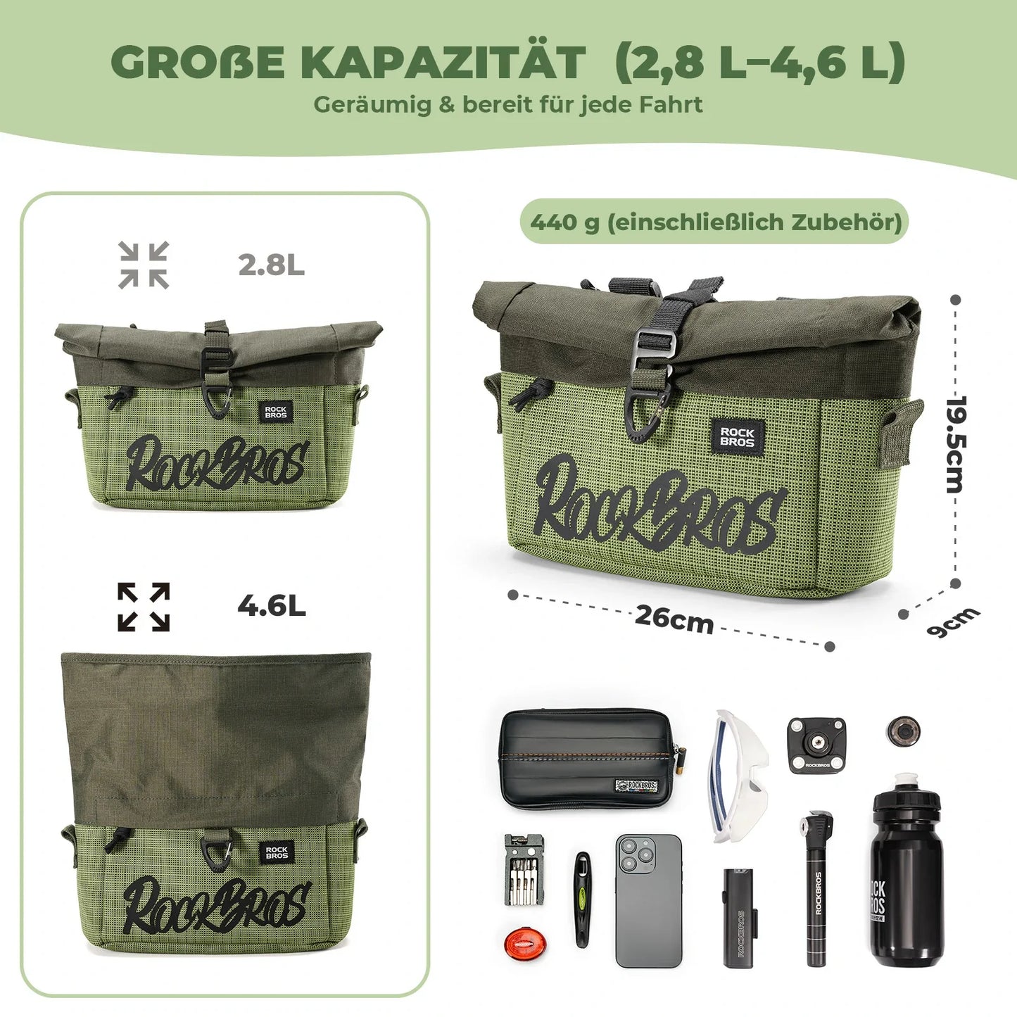 Lenkertasche für Flatrad und Brompton, Fahrrad Tasche Lenker 2,8-4,6 L