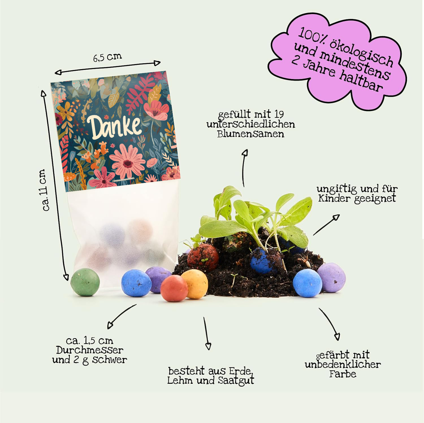 10x5 Blumenmurmeln im Tütchen – Danke