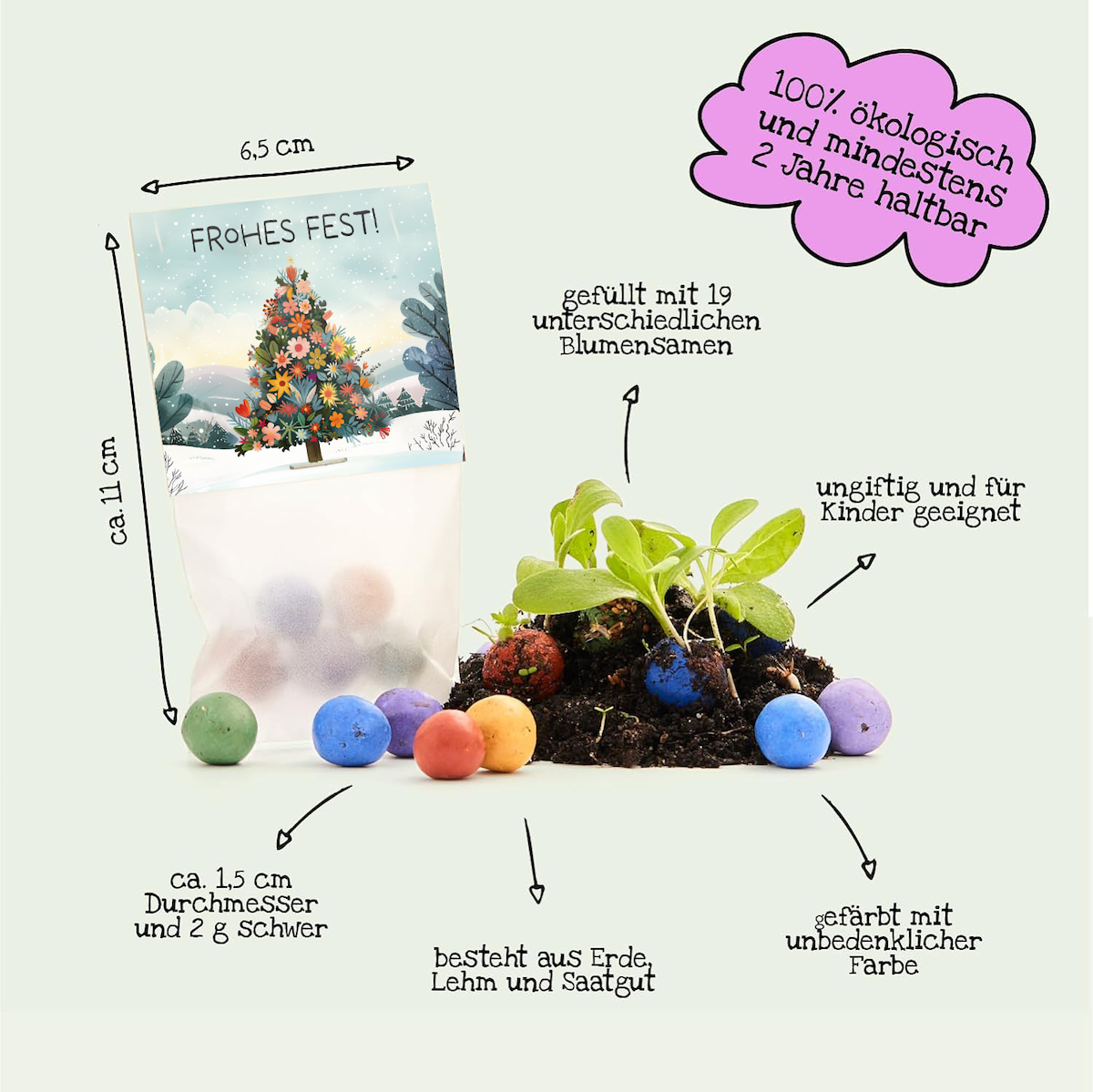 10x5 Blumenmurmeln im Tütchen "Frohes Fest"