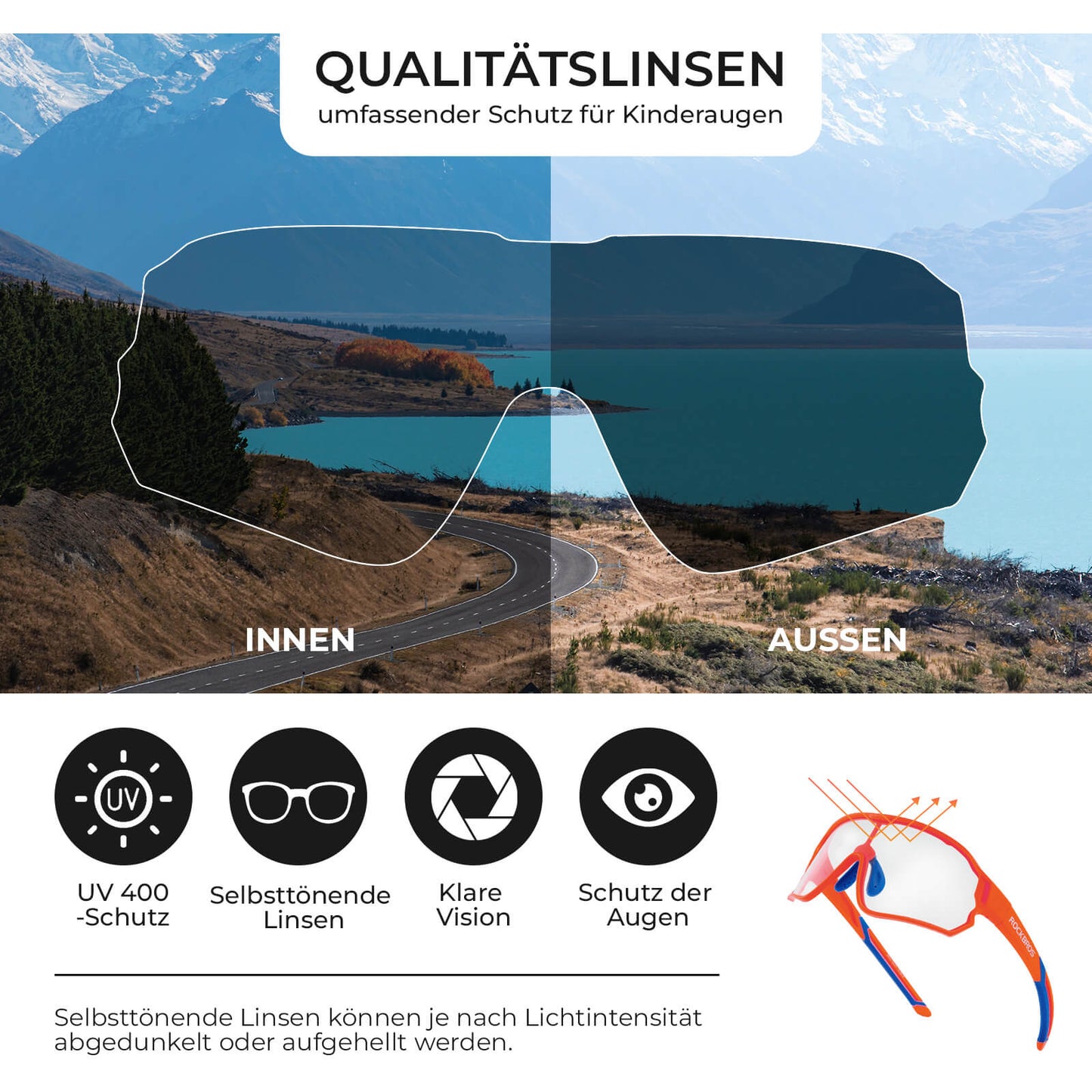 ROCKBROS Kinder Fahrradbrille UV400-Schutz Selbsttönend Sonnenbrille
