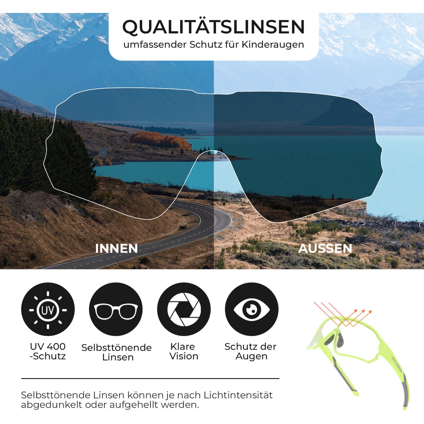 ROCKBROS Kinder Fahrradbrille UV400-Schutz Selbsttönend Sonnenbrille