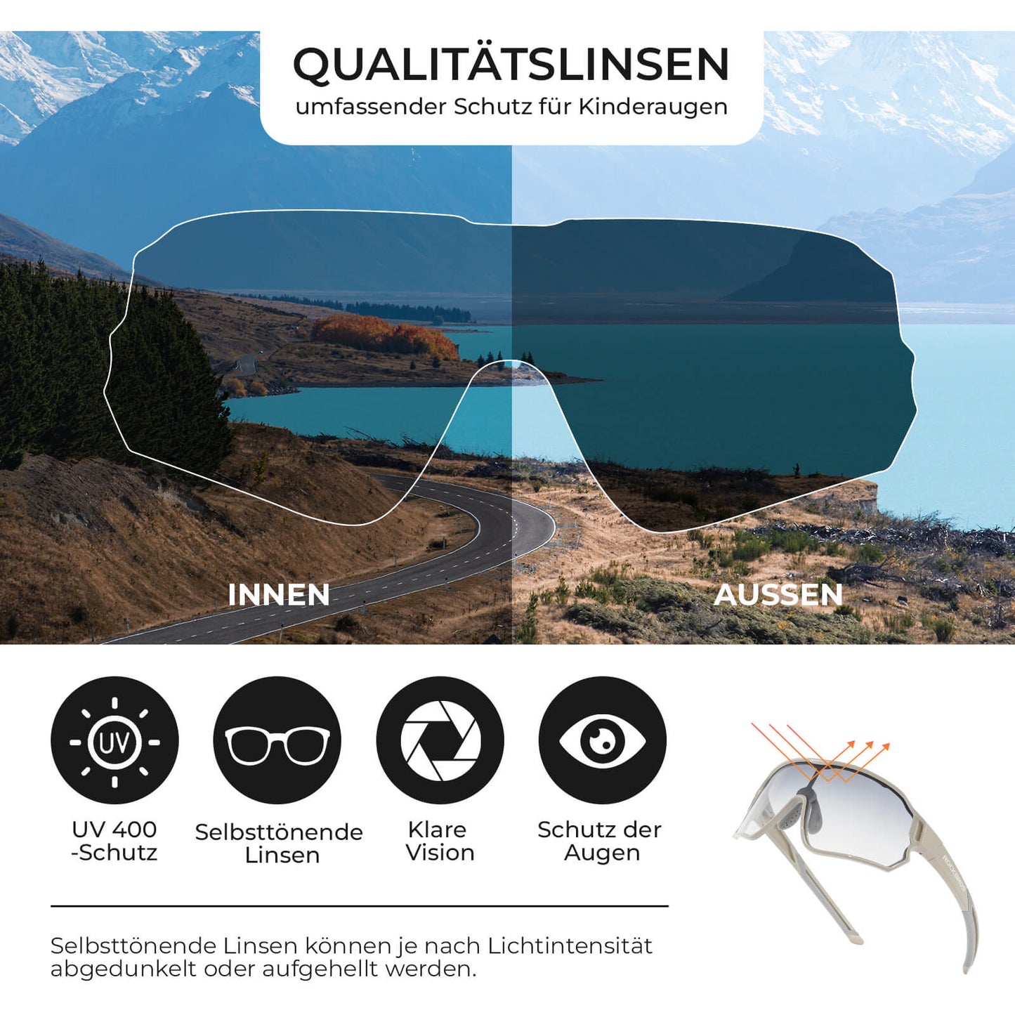 ROCKBROS Kinder Fahrradbrille UV400-Schutz Selbsttönend Sonnenbrille