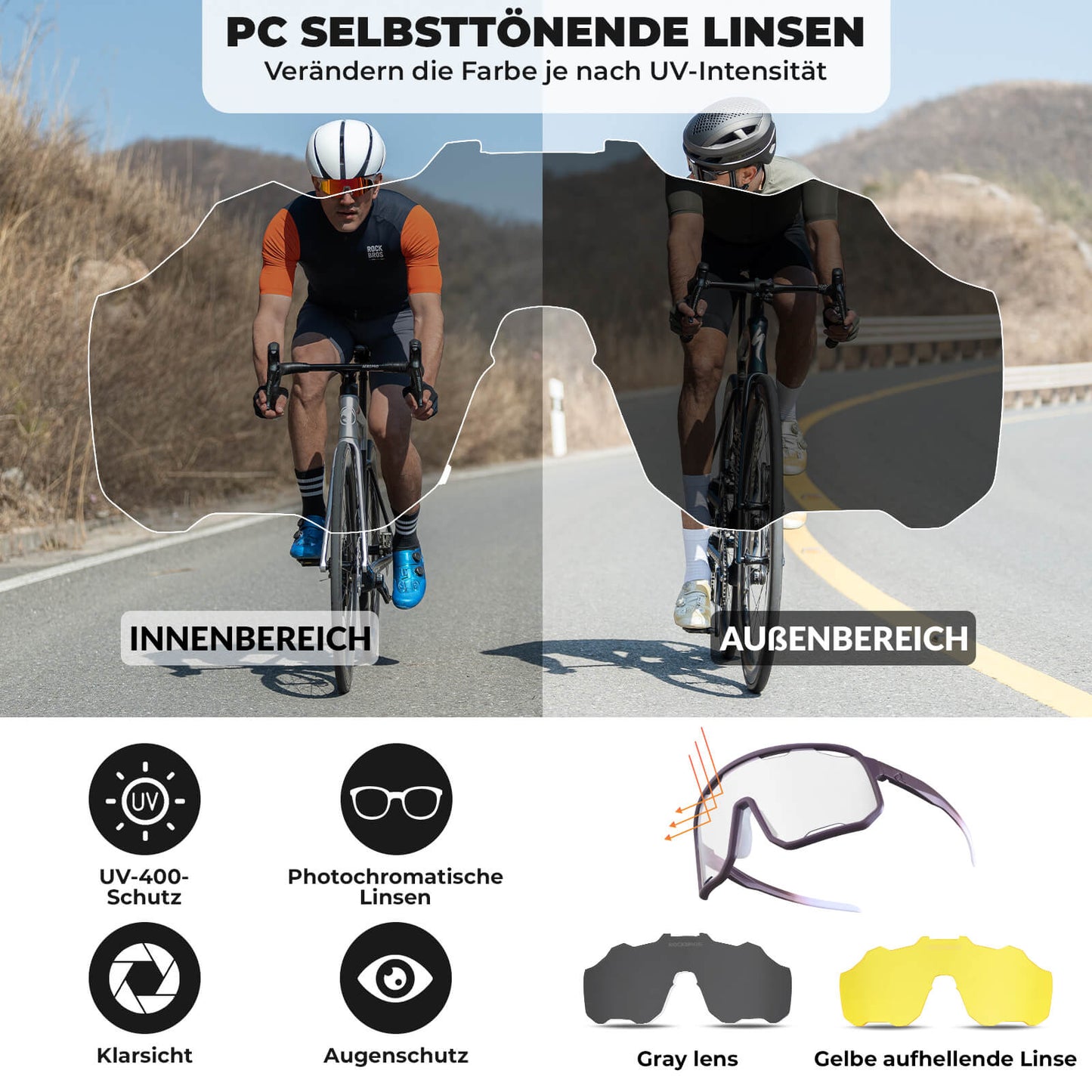 ROCKBROS Fahrradbrille Selbsttönende Sonnenbrille UV-Schutz Wechsel-Nasenpads Damen/Herren