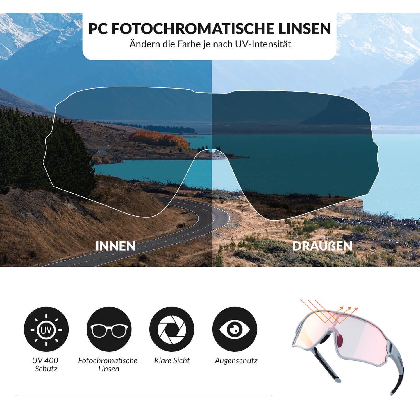 Fahrradbrille Selbsttönend UV400 Schutz