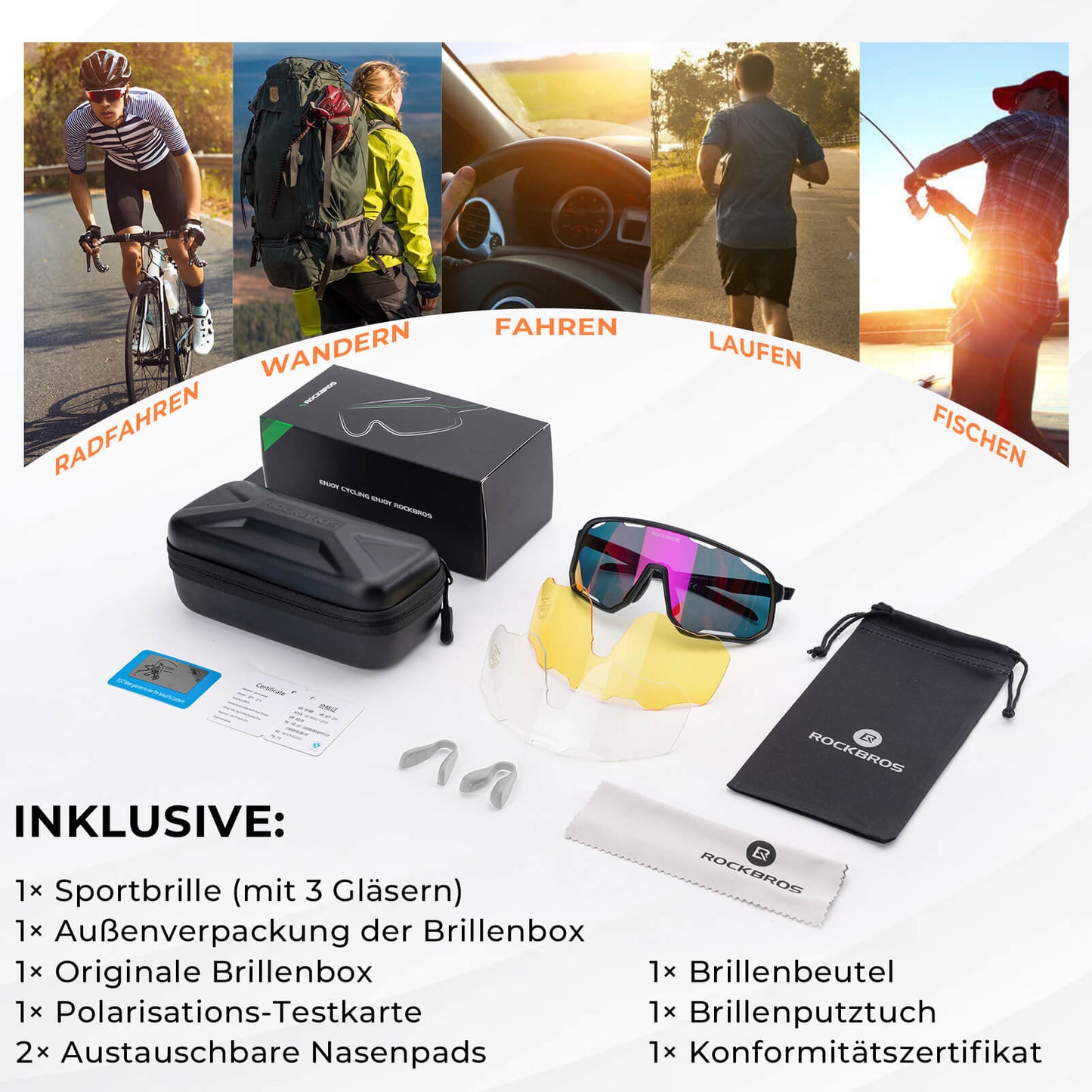 ROCKBROS Fahrradbrille Polarisierte Sonnenbrille UV-Schutz Wechsel-Nasenpads Damen/Herren