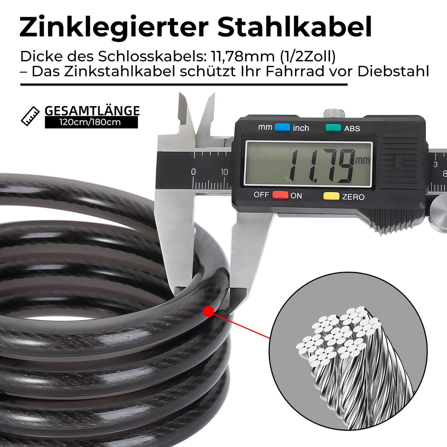 Fahrradschloss Kabelschloss 4-Stellig Zahlencode mit Licht 120cm/180cm