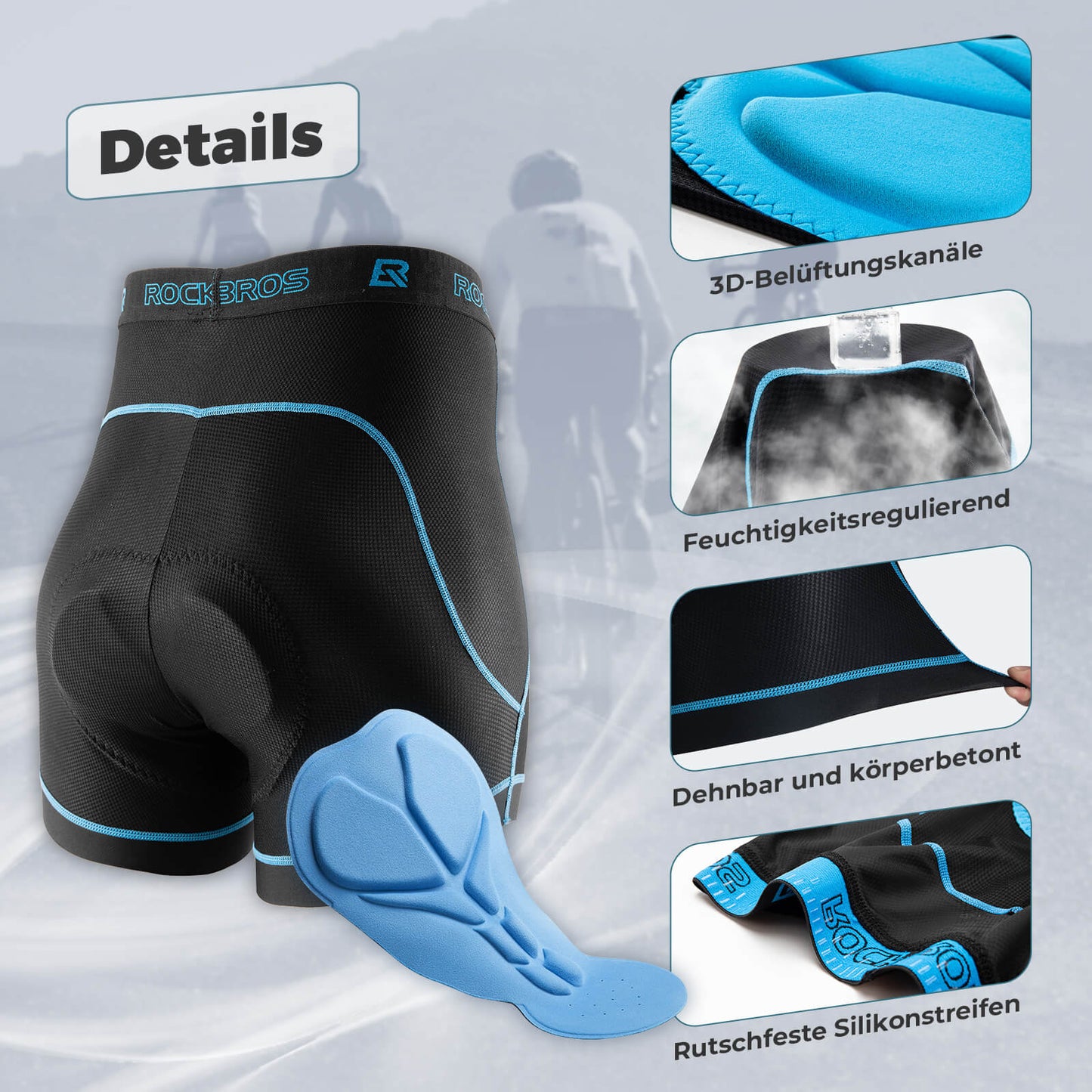 ROCKBROS Herren Radunterhose mit 4D Sitzpolster Radlerhose Atmungsaktiv