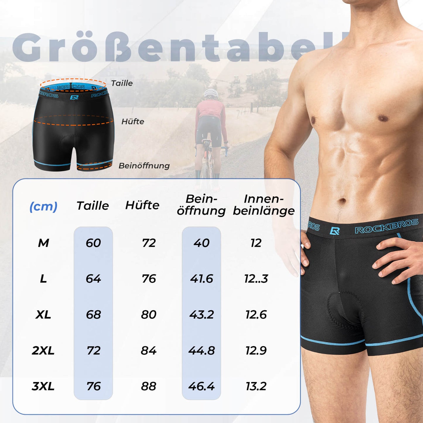 ROCKBROS Herren Radunterhose mit 4D Sitzpolster Radlerhose Atmungsaktiv