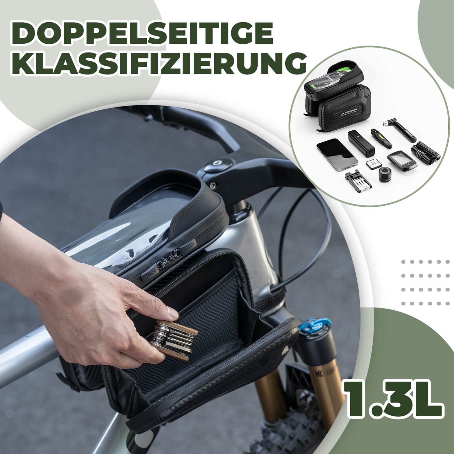 Oberrohrtasche für Smartphone mit Lichtschutz & Seitentaschen