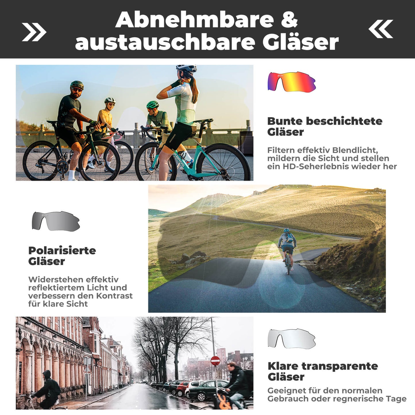 Polarisierte Fahrradbrille mit wechselbaren Gläsern UV-Schutz Unisex