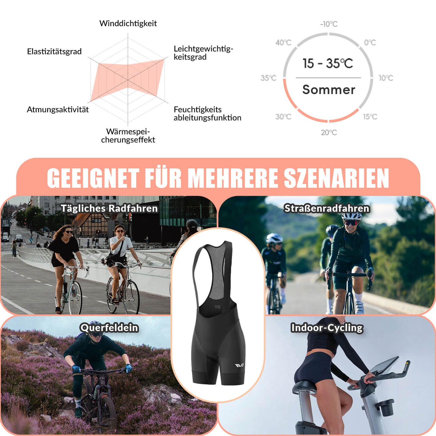 TVI Damen Trägerhose Fahrradhose Gepolstert Schnell Trocknende