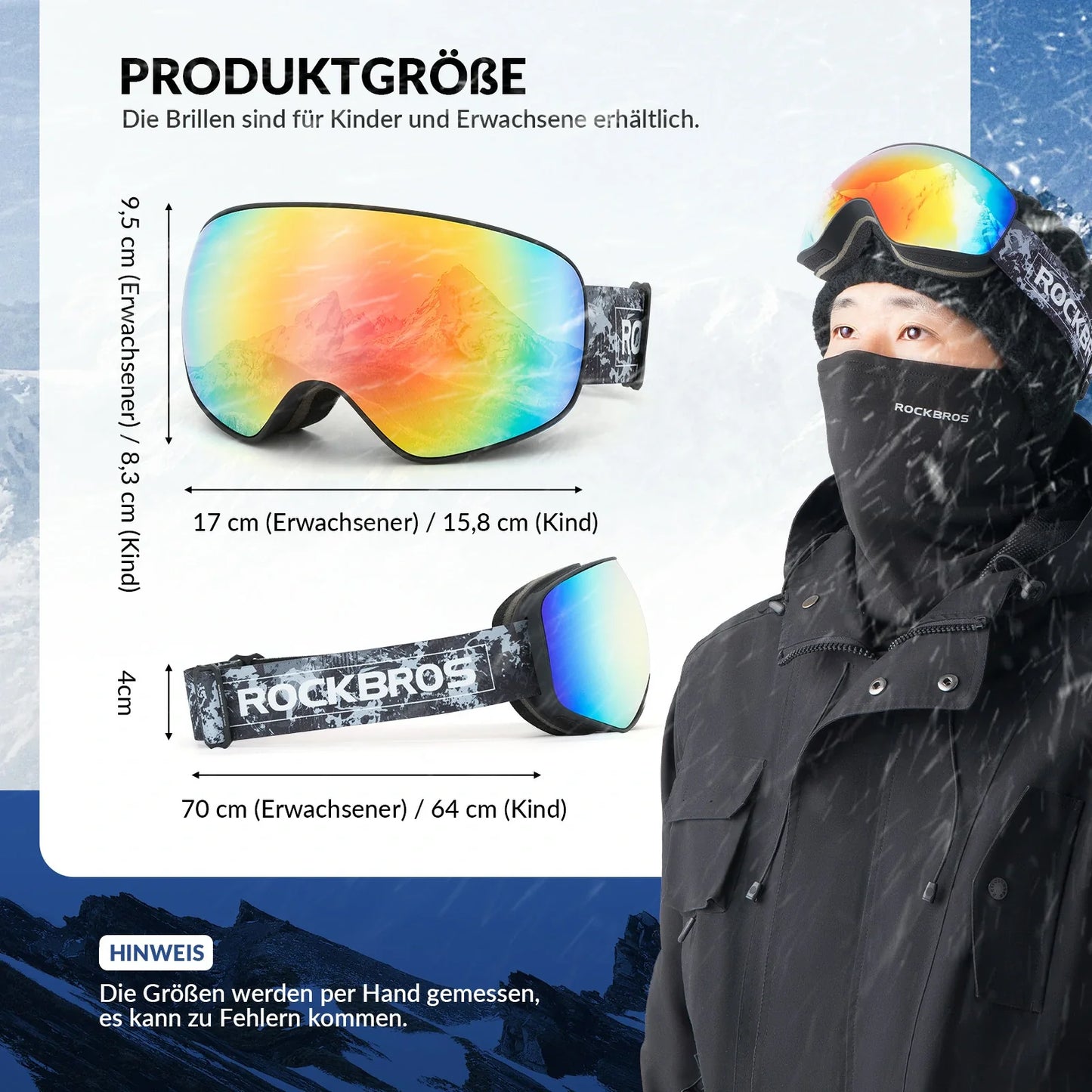 Skibrille Snowboard Brille für Brillenträger UV-Schutz Goggle Helmkompatible Anti-Fog Brille Sportbrille für Skifahren Erwachsener Kind Windschutz