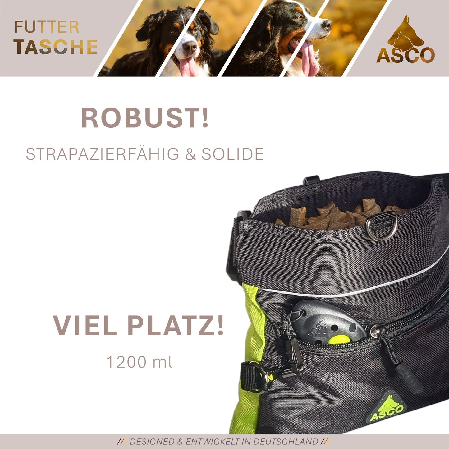 ASCO Futterbeutel mit Einhand-Schnappverschluss, Leckerlibeutel 20x20 cm, QuickTouch Leckerlietasche