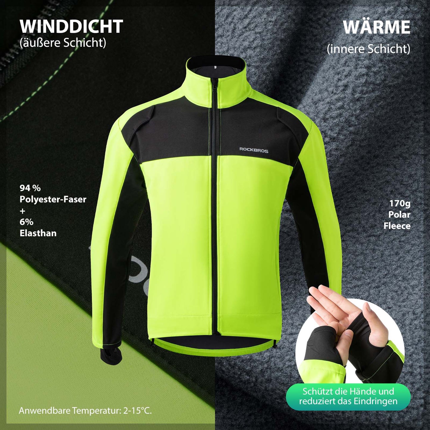 ROCKBROS Fahrradjacke Winter Herren Radjacke Leuchtendes Grün