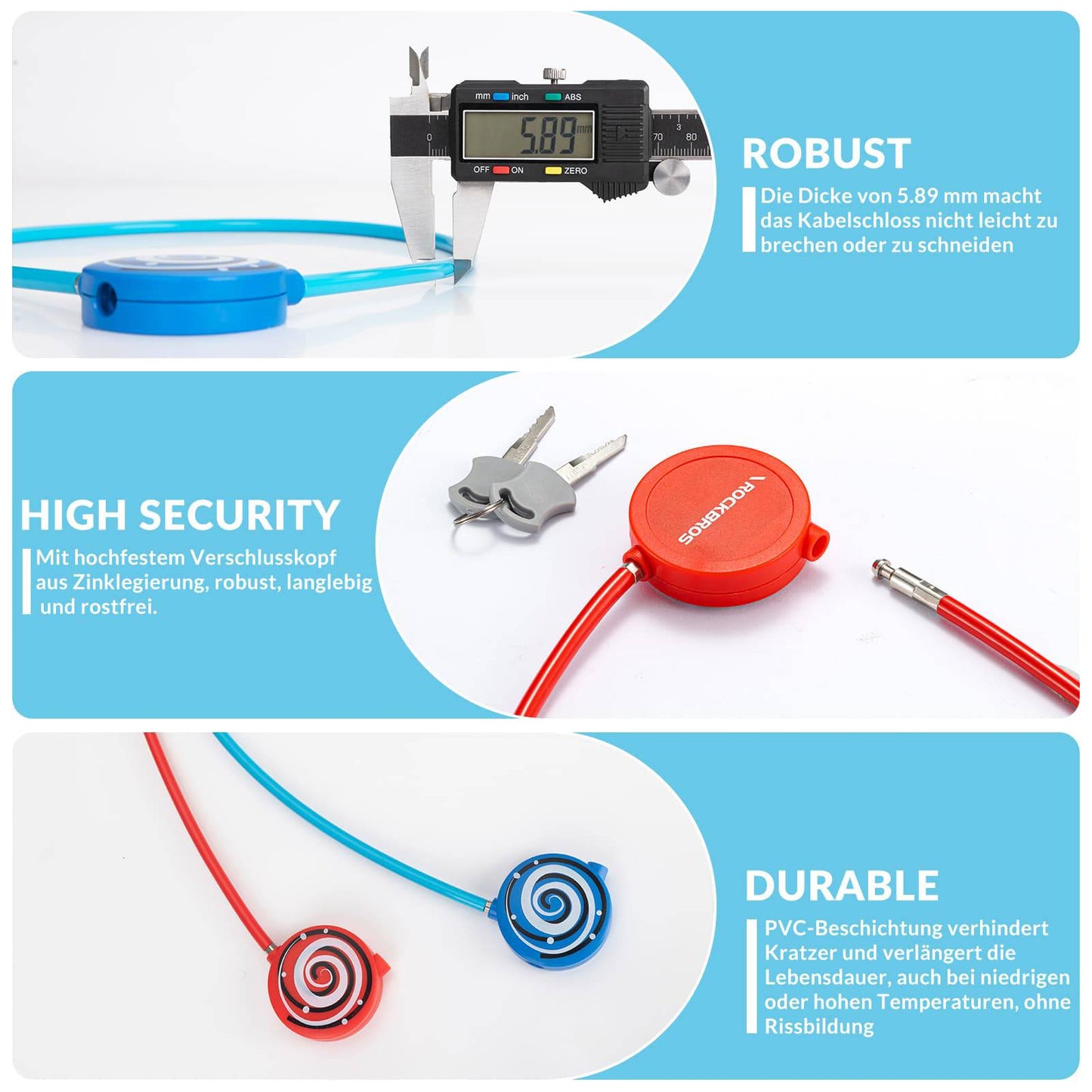 ROCKBROS Fahrradschloss für Kinder 69cm Mit 2 Schlüssel