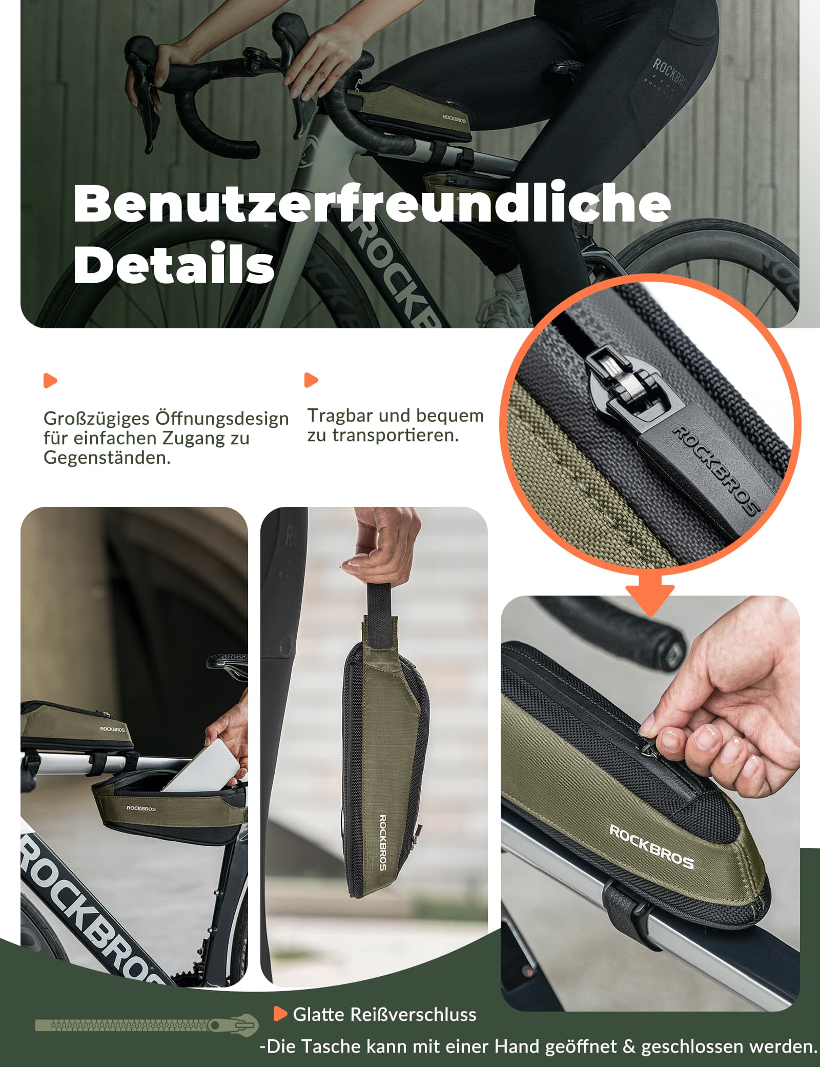 ROCKBROS Fahrradtasche Reflektierende Oberrohrtasche Dunkelgrün 0.65L –  Unimother