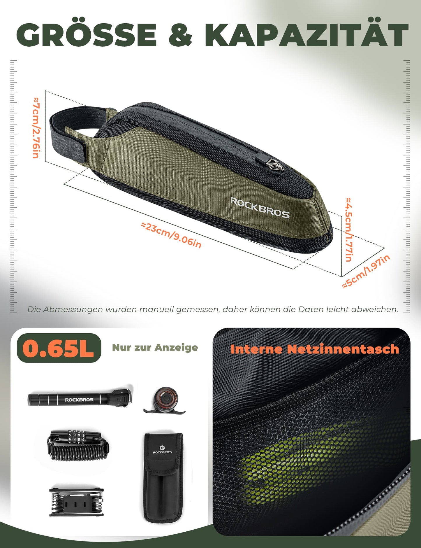 ROCKBROS Fahrradtasche Reflektierende Oberrohrtasche Dunkelgrün 0.65L