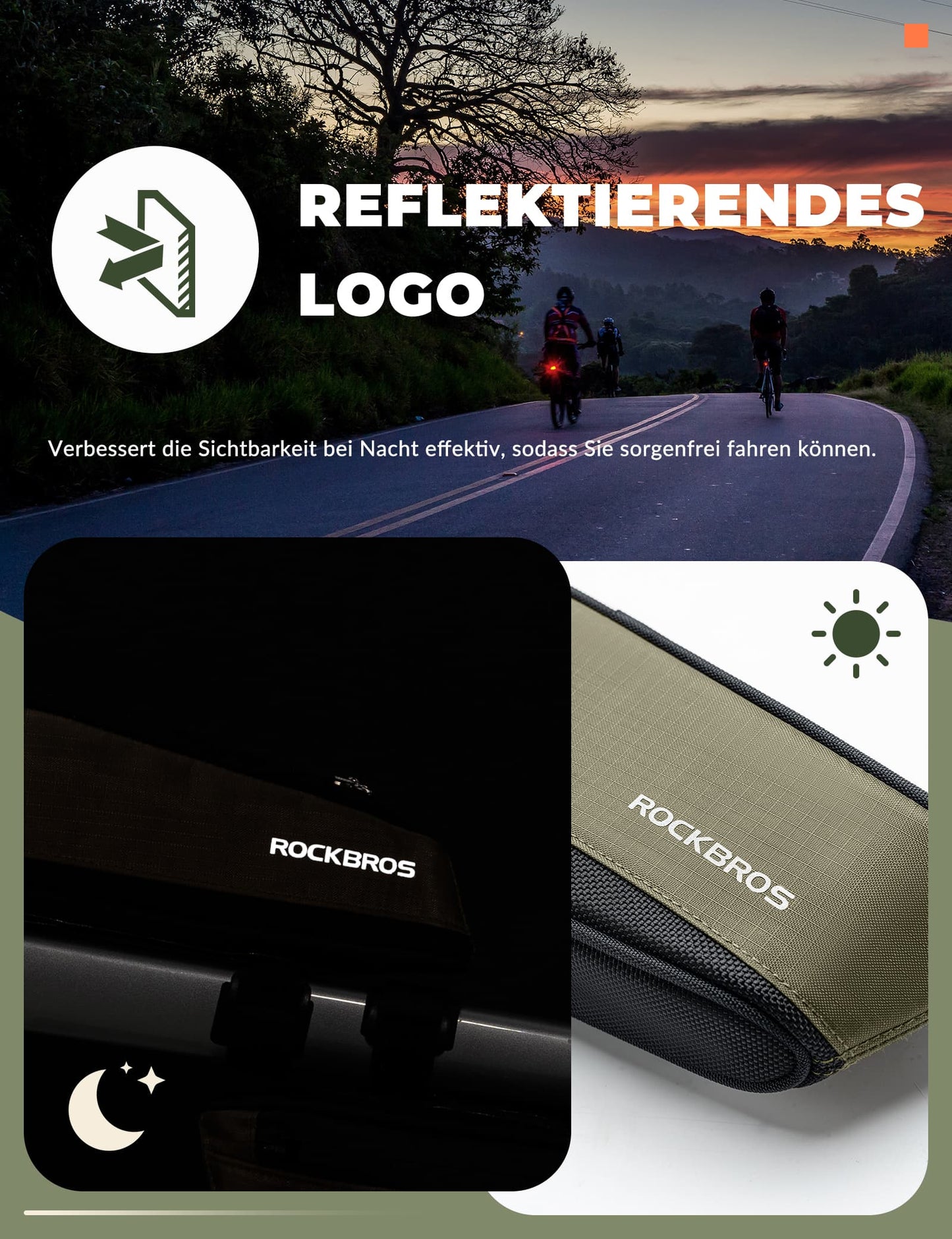ROCKBROS Fahrradtasche Reflektierende Oberrohrtasche Dunkelgrün 0.65L