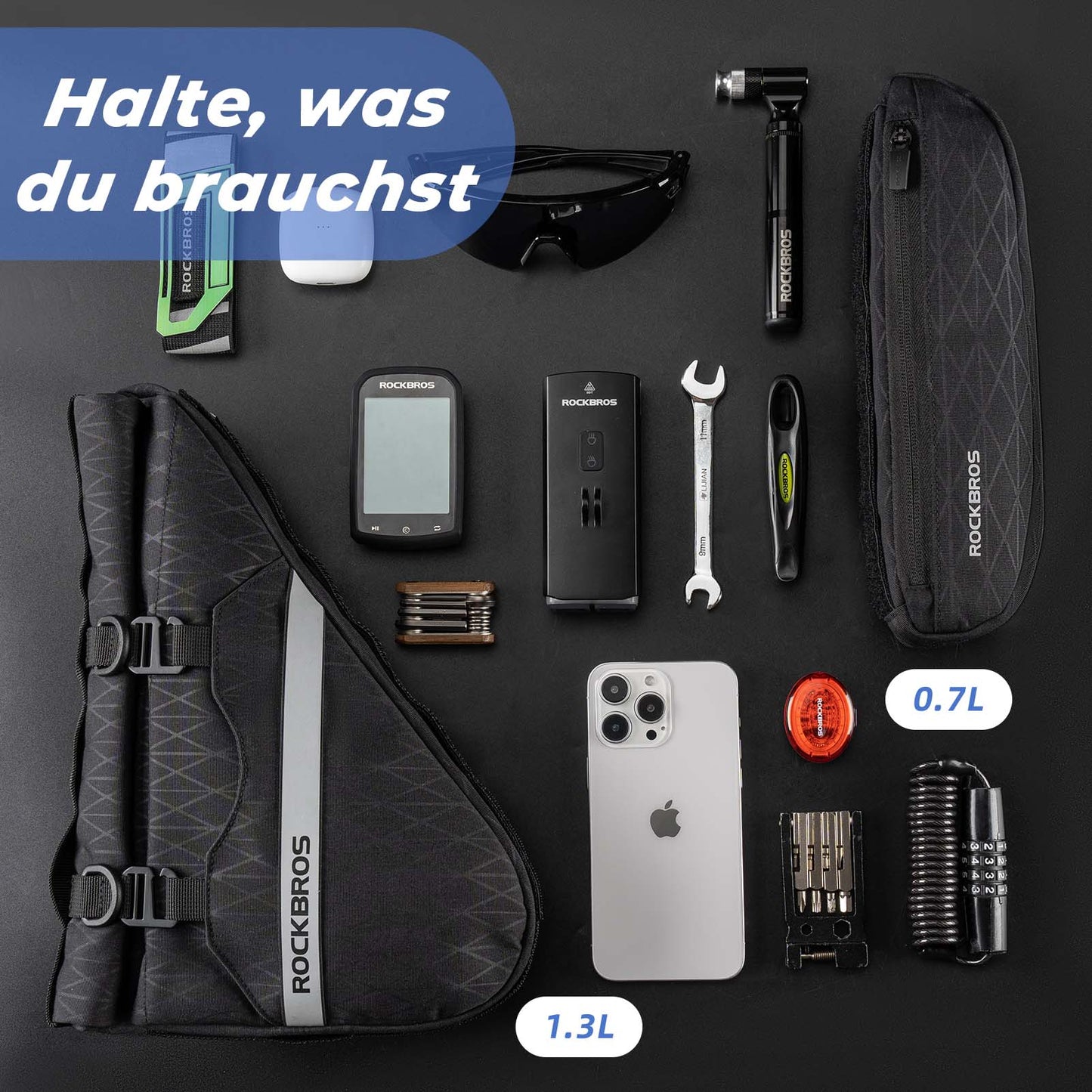 ROCKBROS Fahrradtasche Set 2-in-1 Abnehmbare Rahmentasche 1,3 L+0,7 L Schwarz