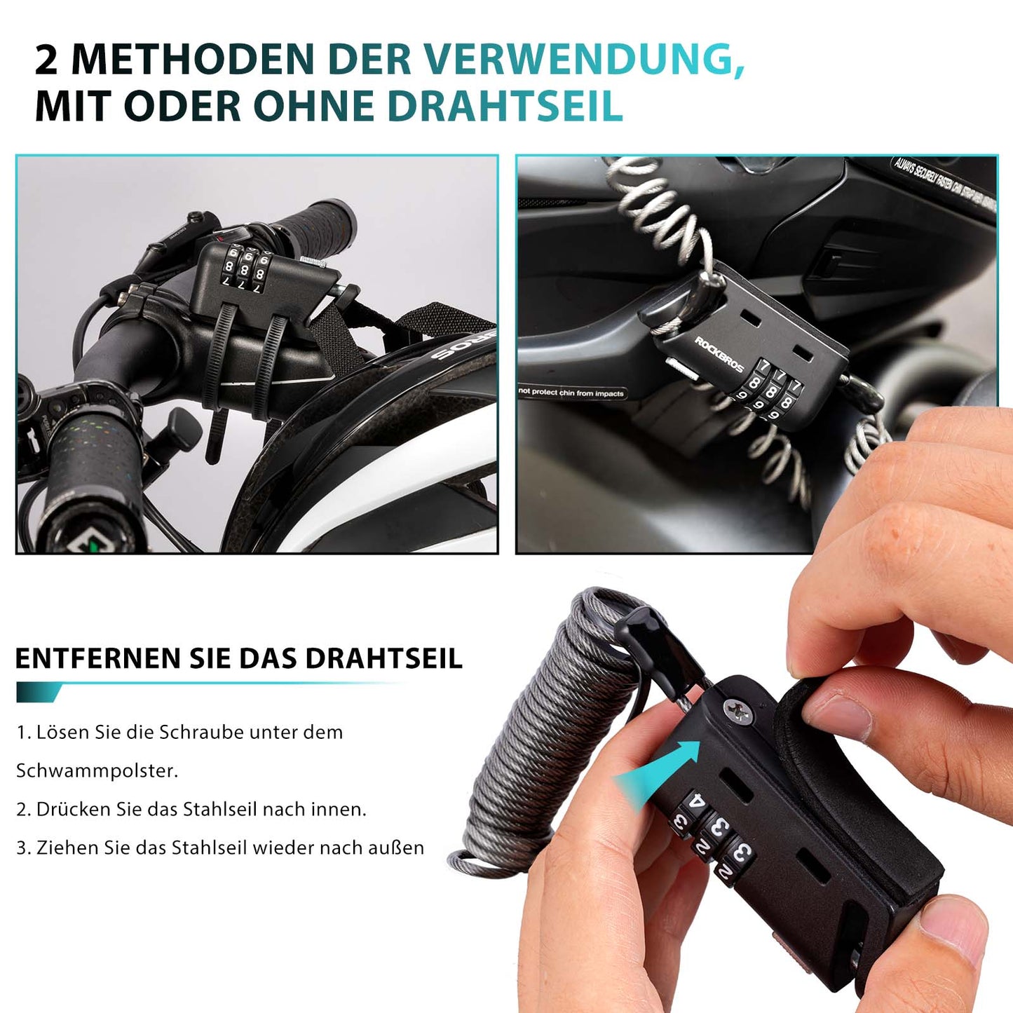 ROCKBROS Helm schloss 150 cm Zahlenschloss 3-stellig Zahlencode